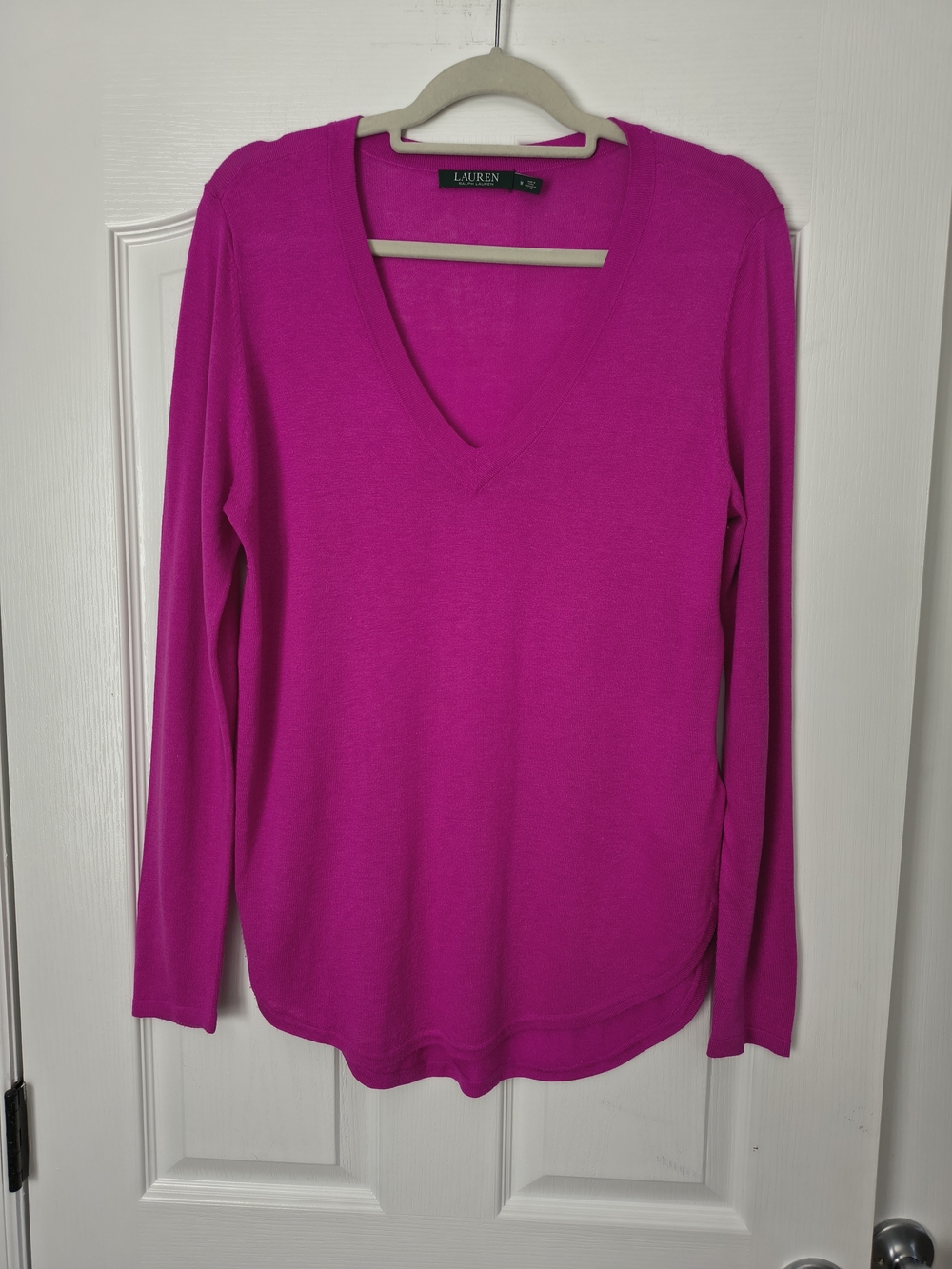 Lauren Ralph Lauren Silk Modal Blend Knit V-Neck Top Fuchsia Pink Long Sleeve M